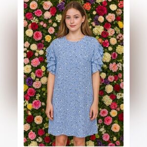 CeCe Womens Blue White Floral pleated Ruffle sleeve Summer Mini Dress size S